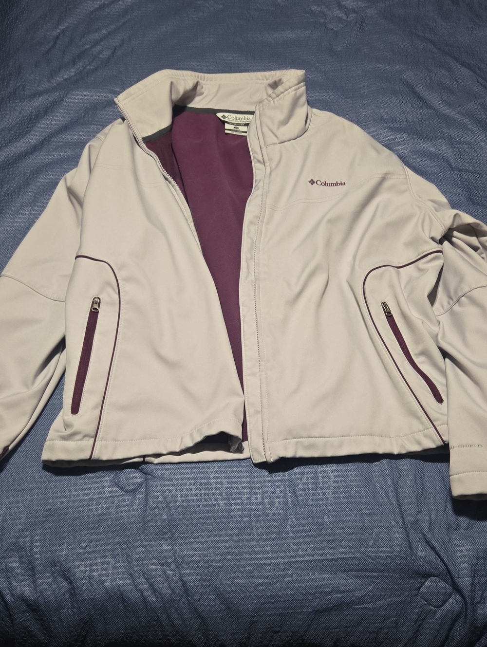 Columbia Light Gray Softshell Jacket with Plum Accents